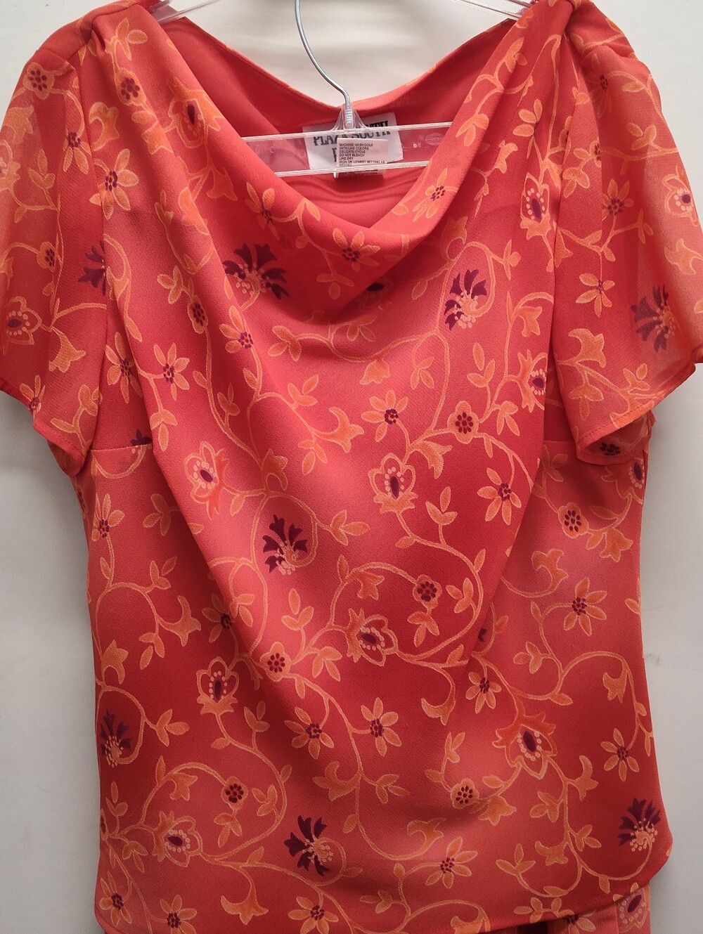 Coral Floral Cowl Neck Blouse And Skirt